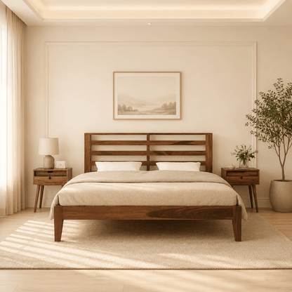 Wooden bed in a bedroom with neutral decor