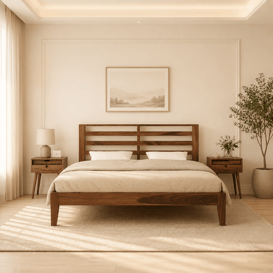 Wooden bed in a bedroom with neutral decor