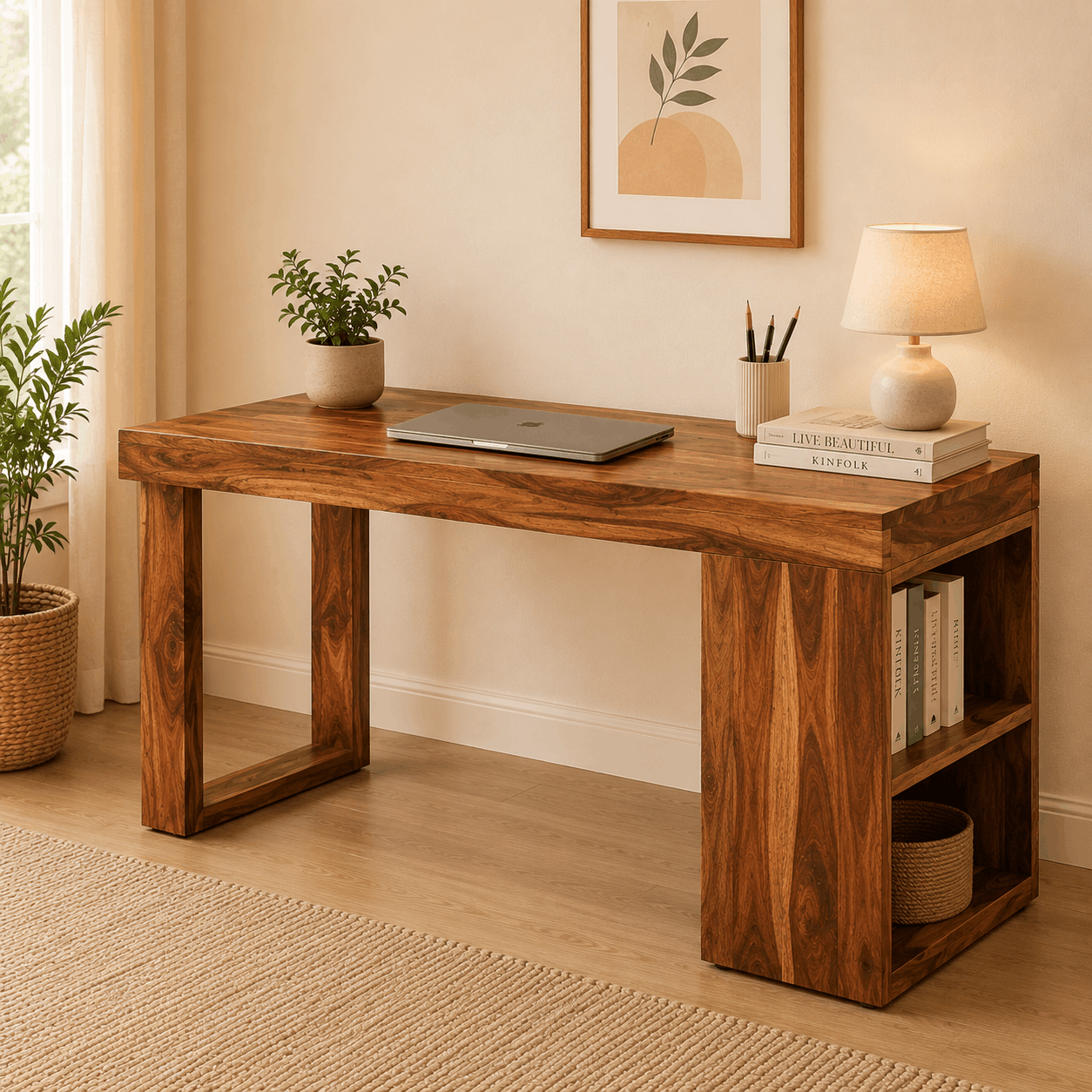 Wooden desk with laptop, books, and plants in a home office setting.