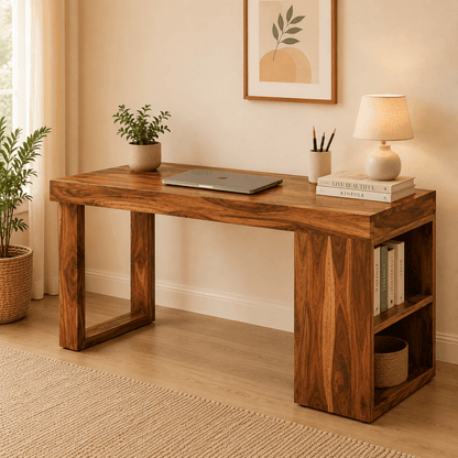 Wooden desk with laptop, books, and plants in a home office setting.