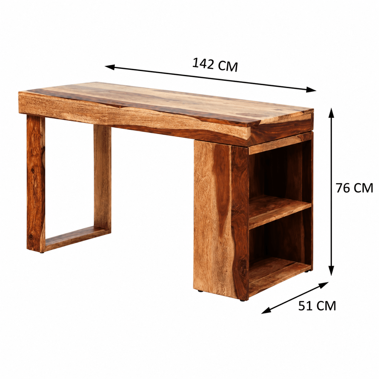Wooden console table with dimensions labeled on a white background