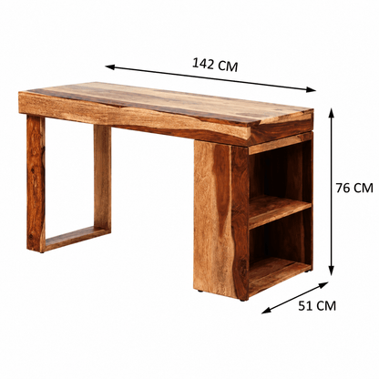 Wooden console table with dimensions labeled on a white background