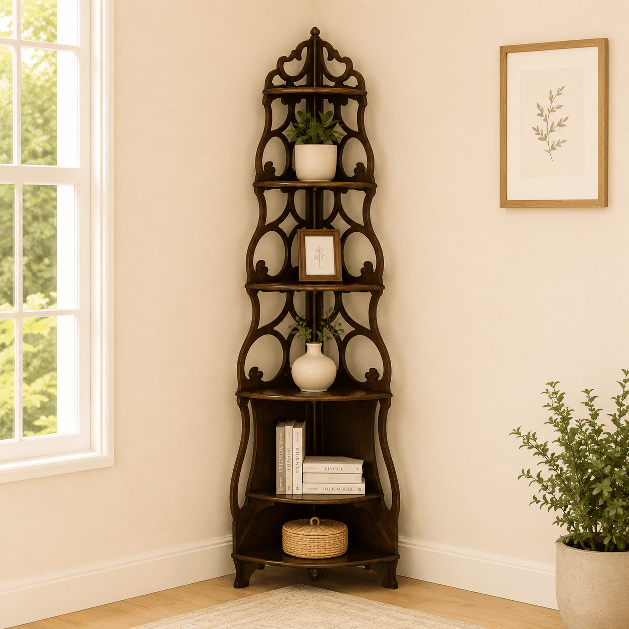 Decorative wooden corner shelf with books and plants in a room with a window and framed picture on the wall.