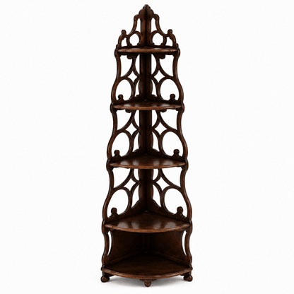 Wooden corner shelf with decorative design on a white background