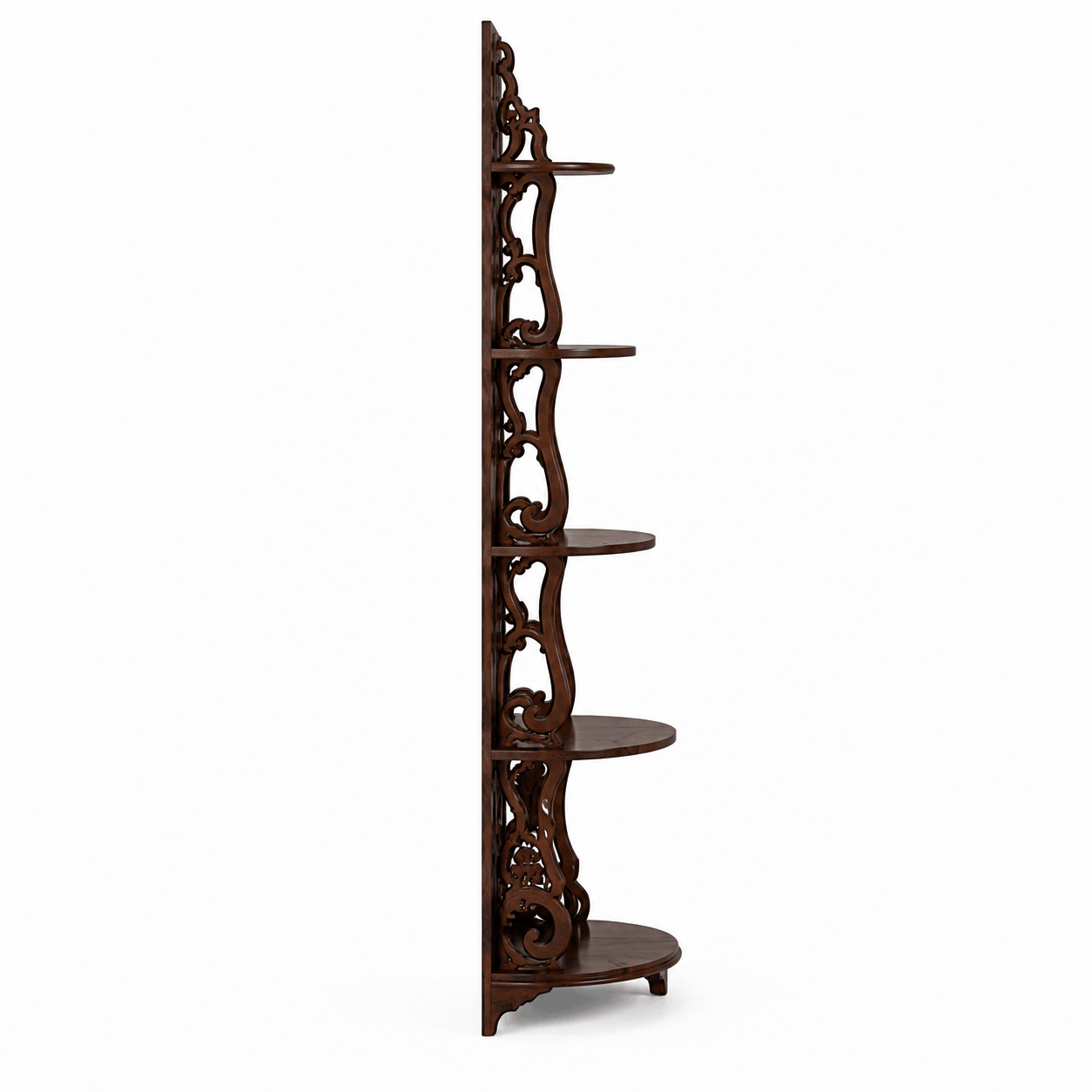 Decorative wooden shelf with intricate carvings on a white background