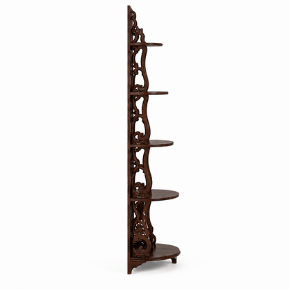 Decorative wooden shelf with intricate carvings on a white background