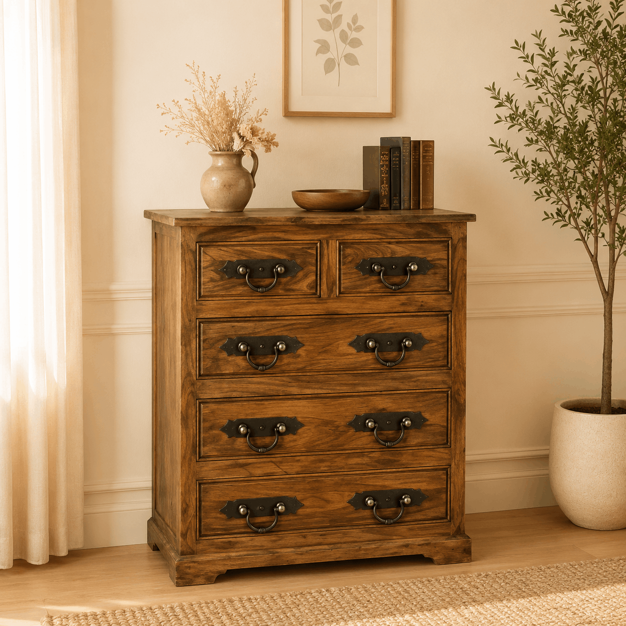 Wooden dresser with decorative items in a room with a plant and framed picture.