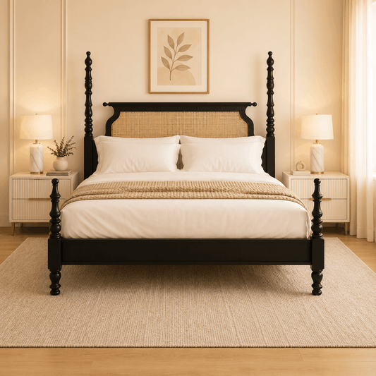 Bedroom with a black bed frame, white bedding, and decorative elements.