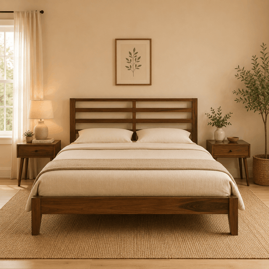 Wooden bed in a bedroom with beige walls, a lamp, and plants.