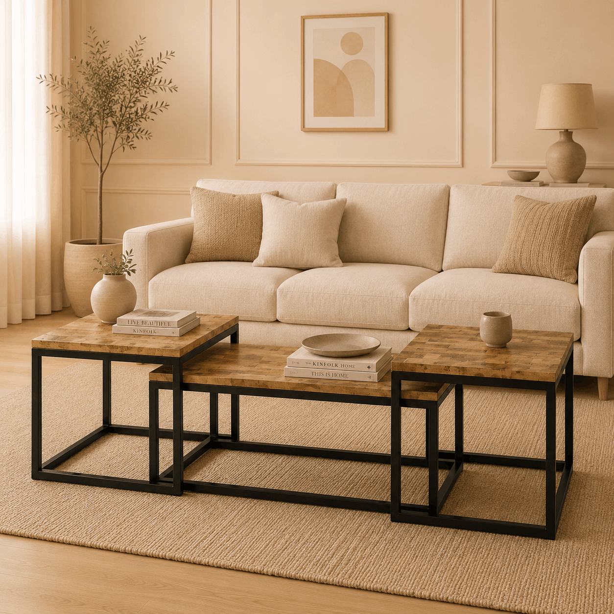 Beige sofa with wooden coffee tables in a living room setting