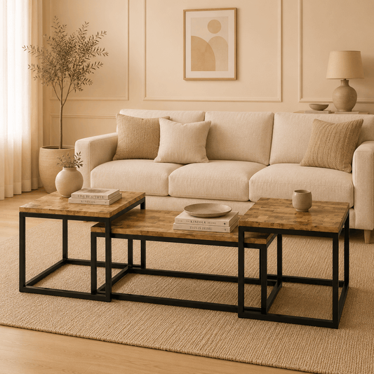 Beige sofa with wooden coffee tables in a living room setting