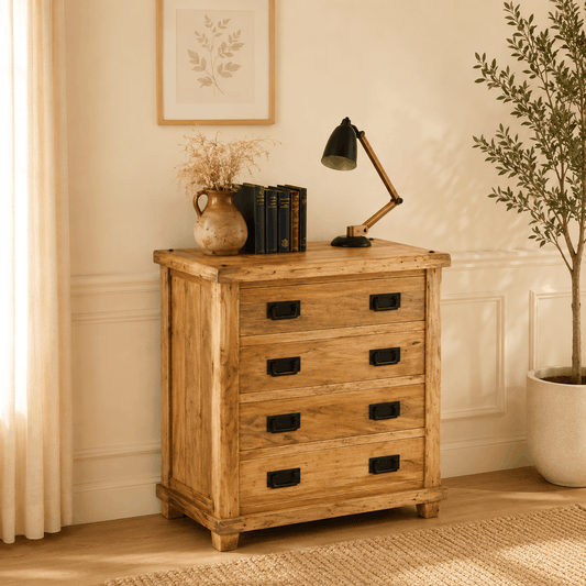 Wooden dresser with a lamp, books, and decorative items in a warm-toned room.