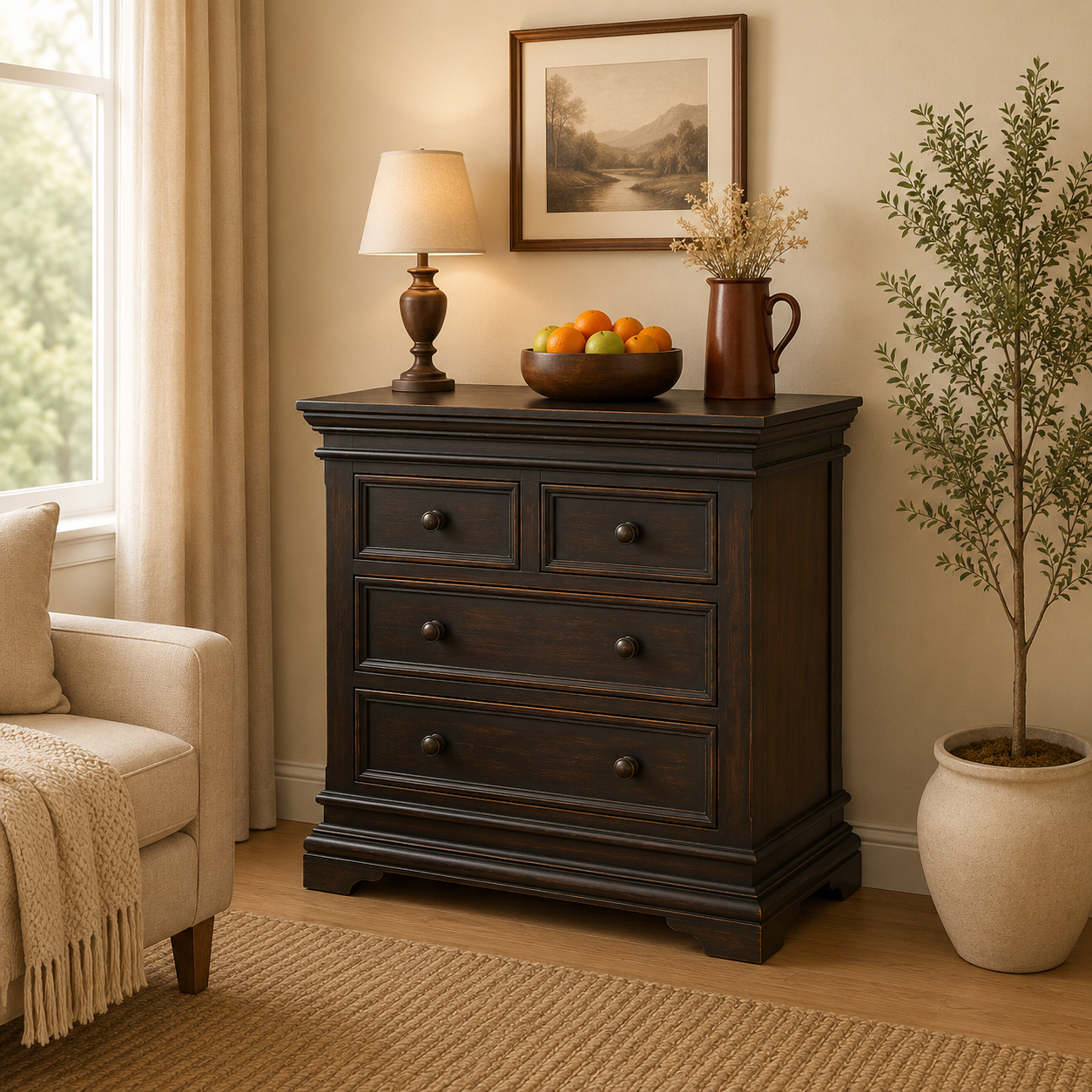 Dark wood dresser with decorative items in a living room setting