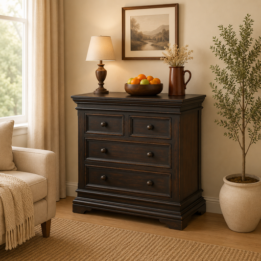 Dark wood dresser with decorative items in a living room setting