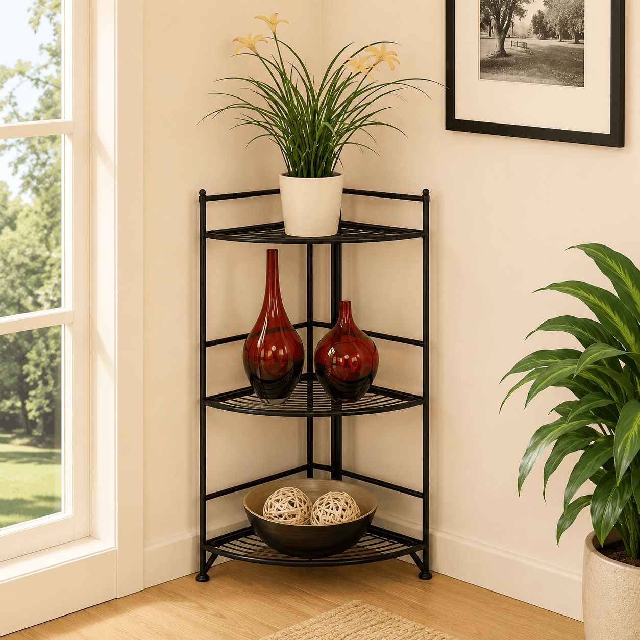 Corner shelf with decorative items in a room with a window and framed picture on the wall.