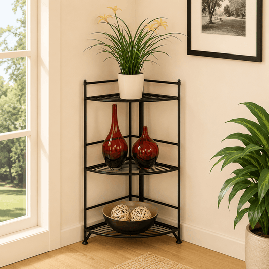 Corner shelf with decorative items in a room with a window and framed picture on the wall.