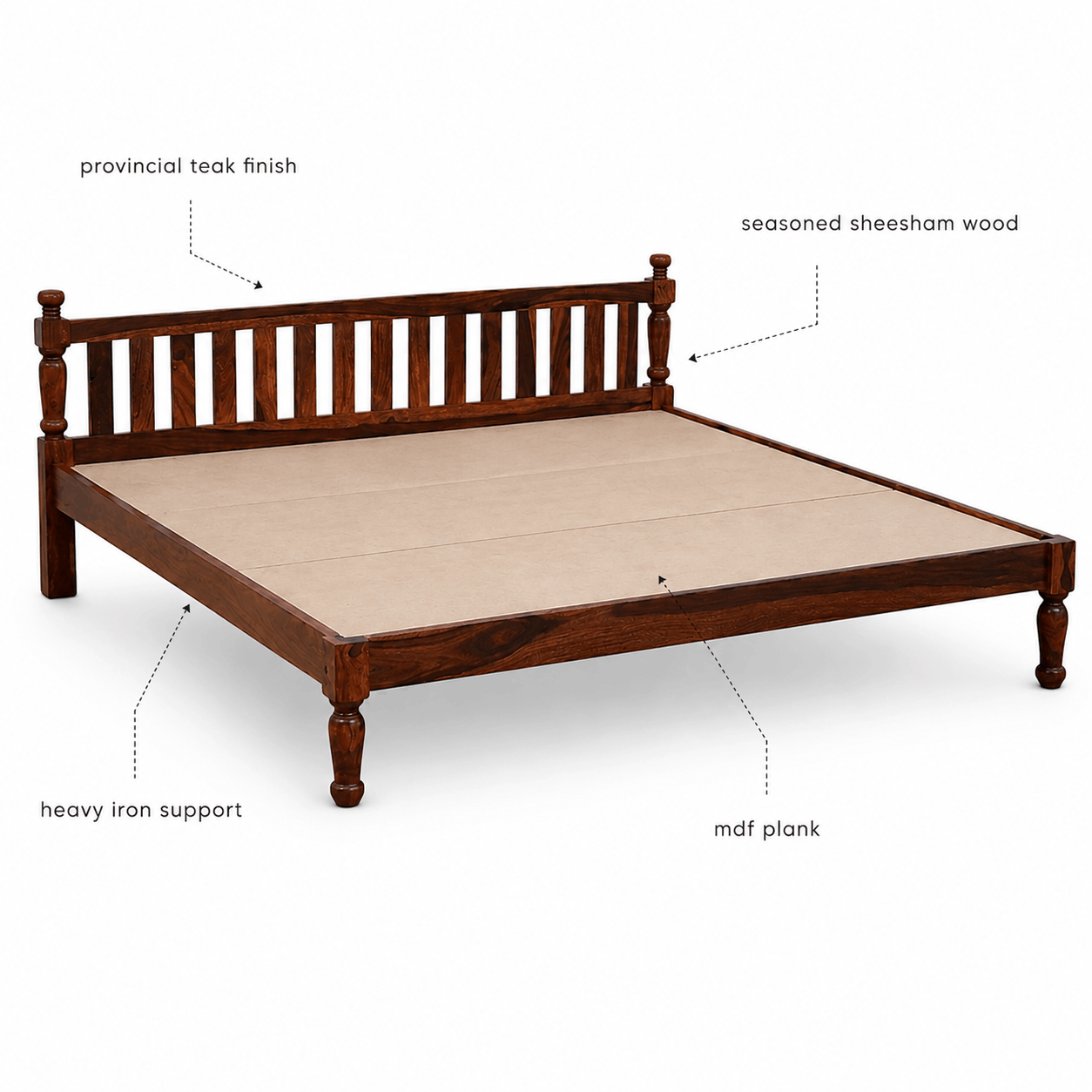 Wooden bed frame with labeled components on a white background