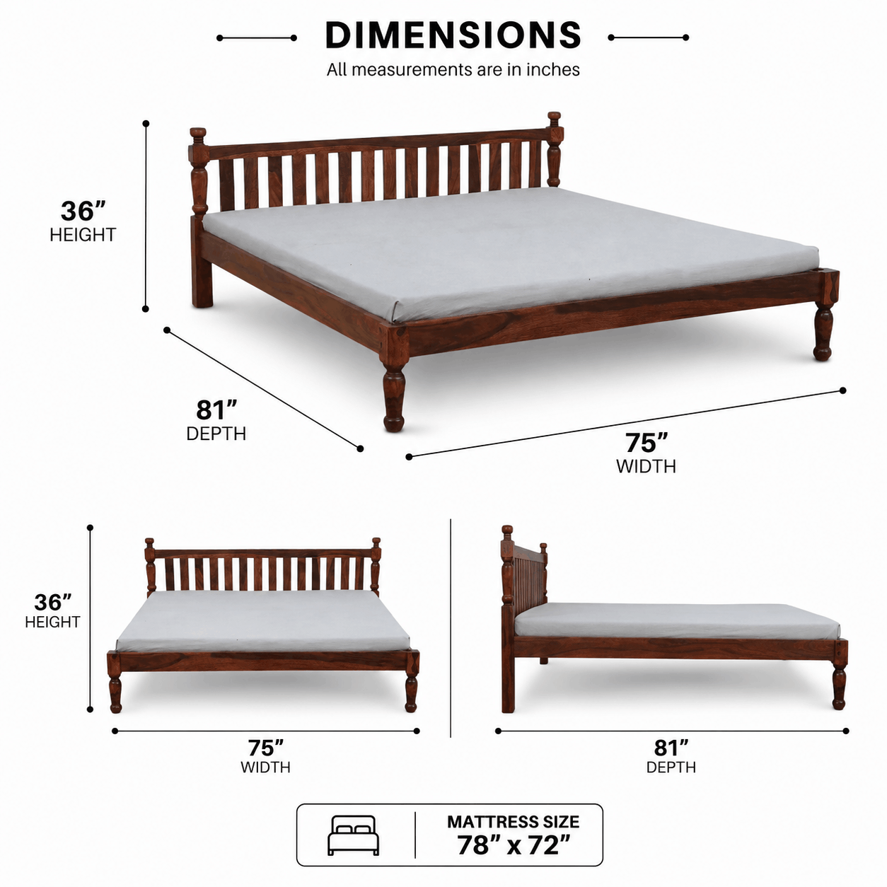 Wooden bed frame with dimensions labeled on a white background