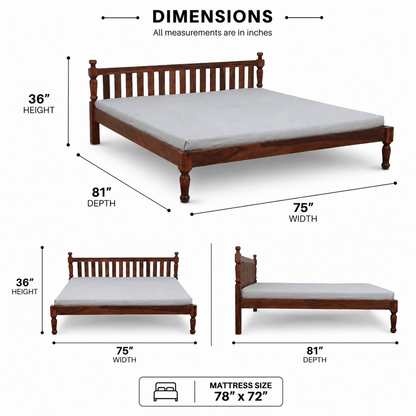 Wooden bed frame with dimensions labeled on a white background