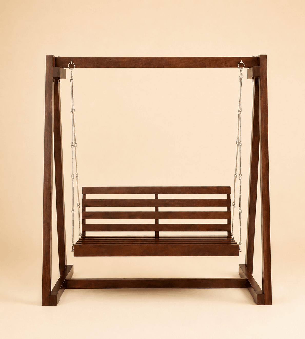 Wooden swing with a brown finish on a beige background