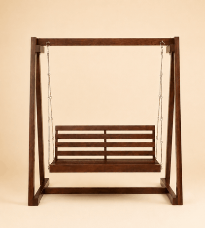 Wooden swing with a brown finish on a beige background