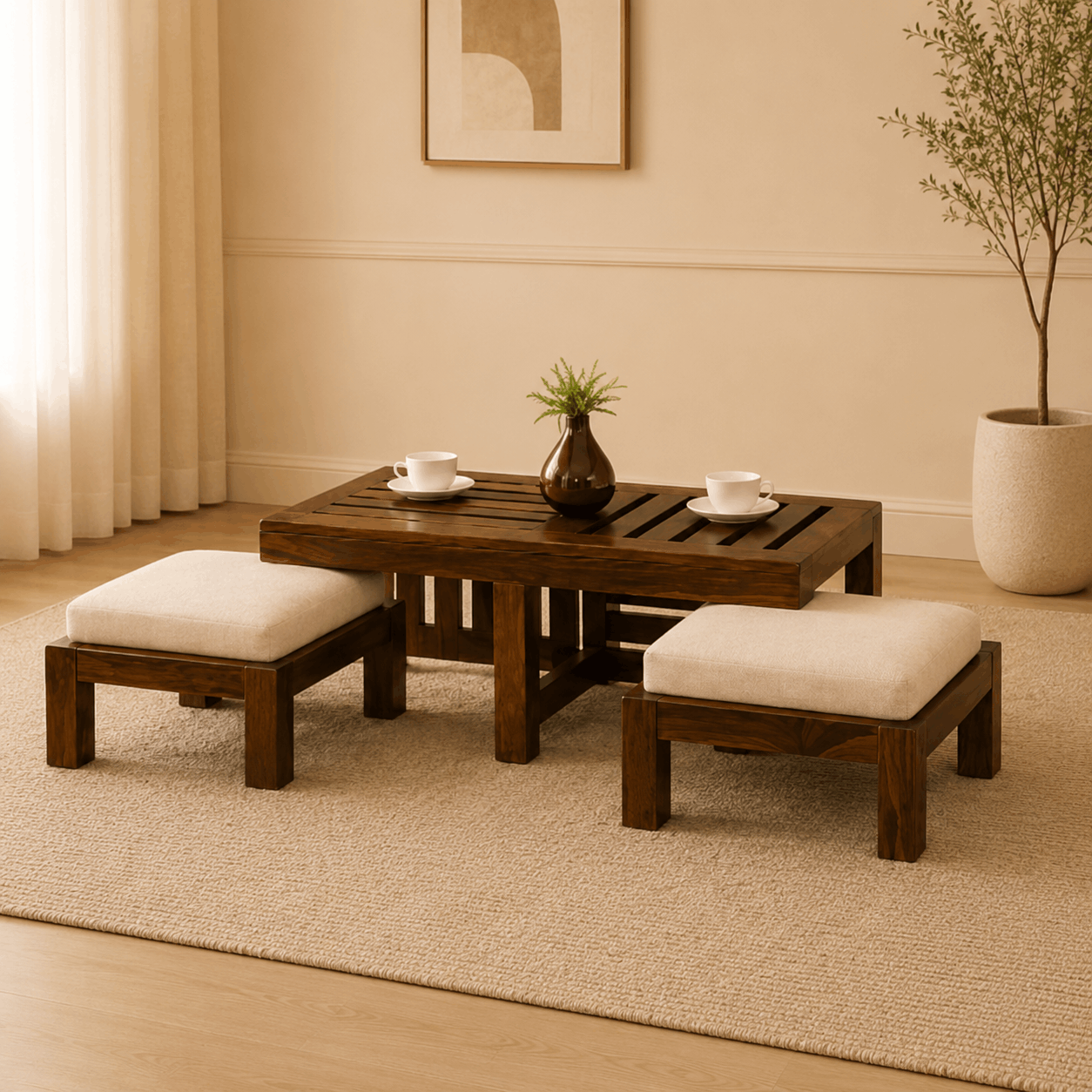 Wooden coffee table with two stools and decorative items in a living room setting.
