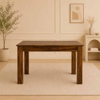 Wooden table in a room with a plant and shelf in the background