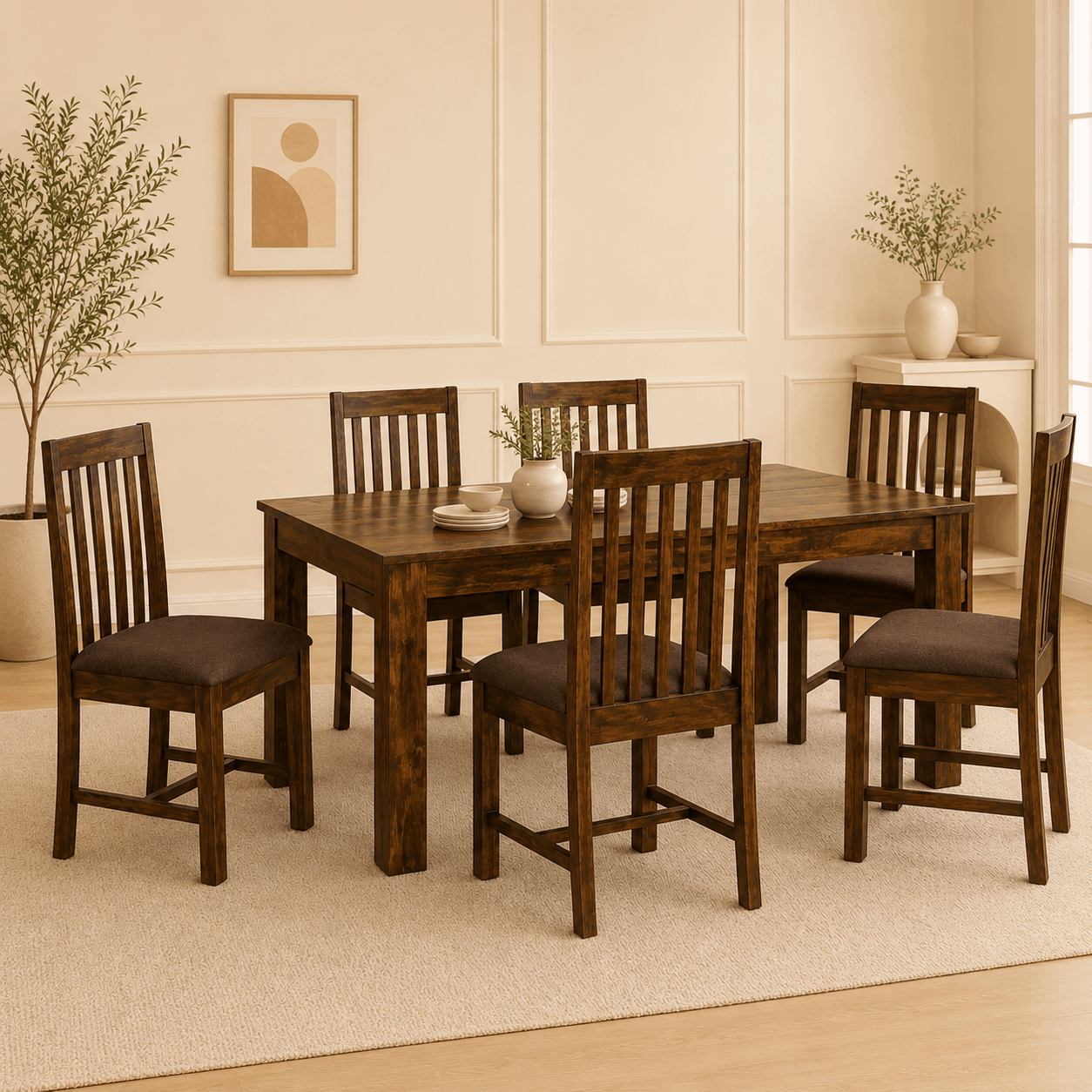 Dining room with wooden table and chairs in a well-lit room.