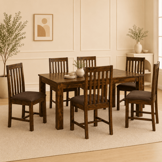 Dining room with wooden table and chairs in a well-lit room.