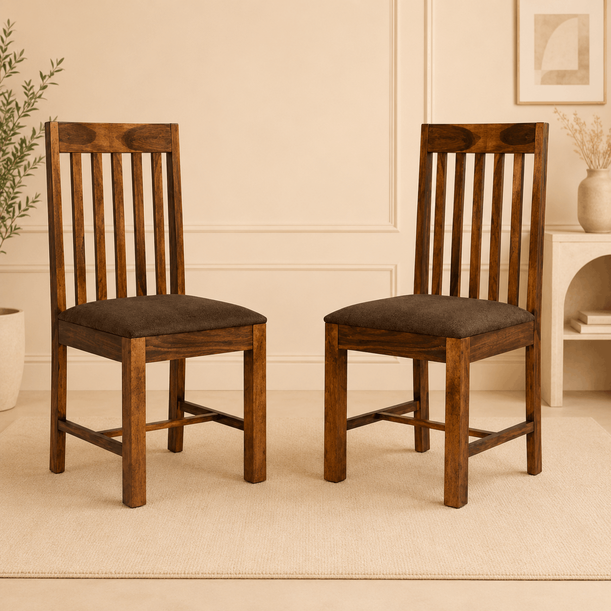 Two wooden chairs with brown cushions on a beige carpeted floor.