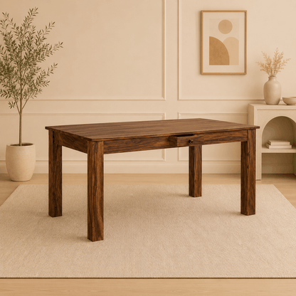 Wooden dining table in a room with decorative elements