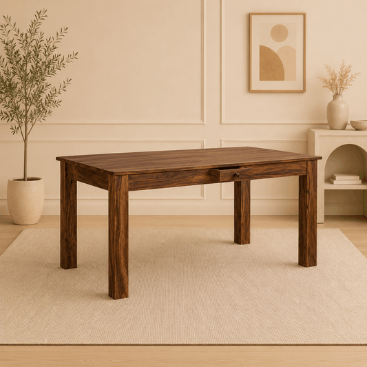 Wooden dining table in a room with decorative elements