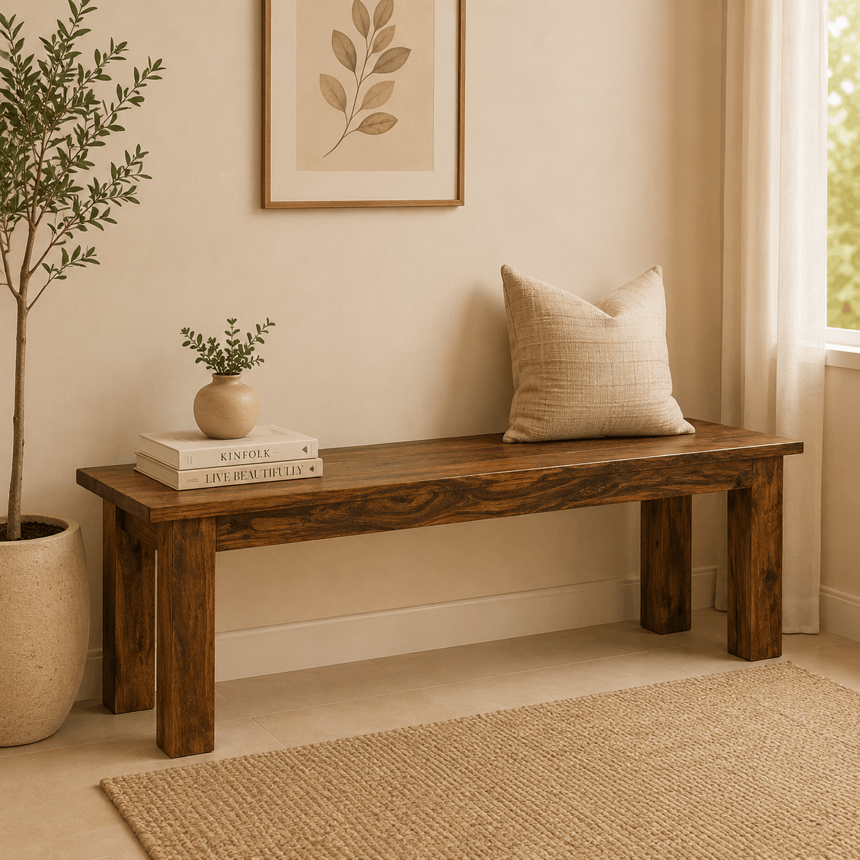 Wooden bench with a pillow and books in a room with a plant and framed artwork.