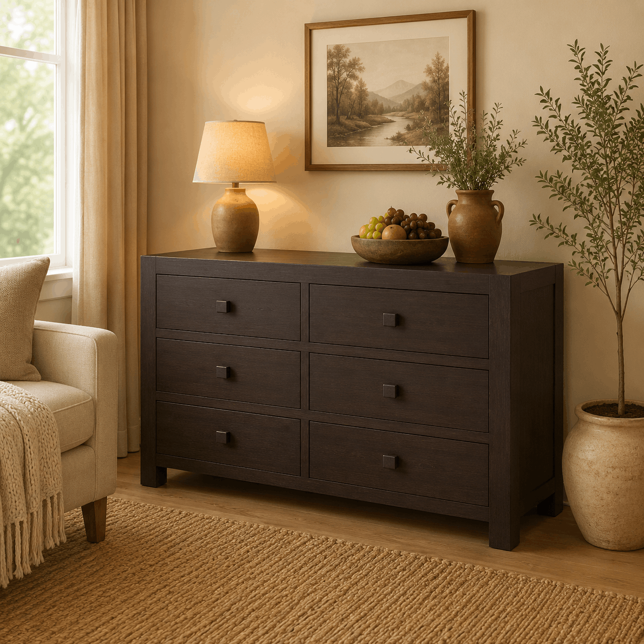 Dark wooden dresser in a room with a lamp, plants, and a painting on the wall.