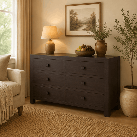 Dark wooden dresser in a room with a lamp, plants, and a painting on the wall.