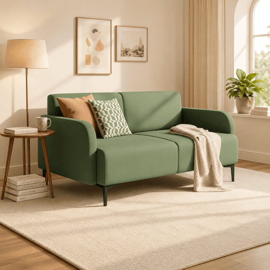 olive green 2 seater sofa with creamy color background 
