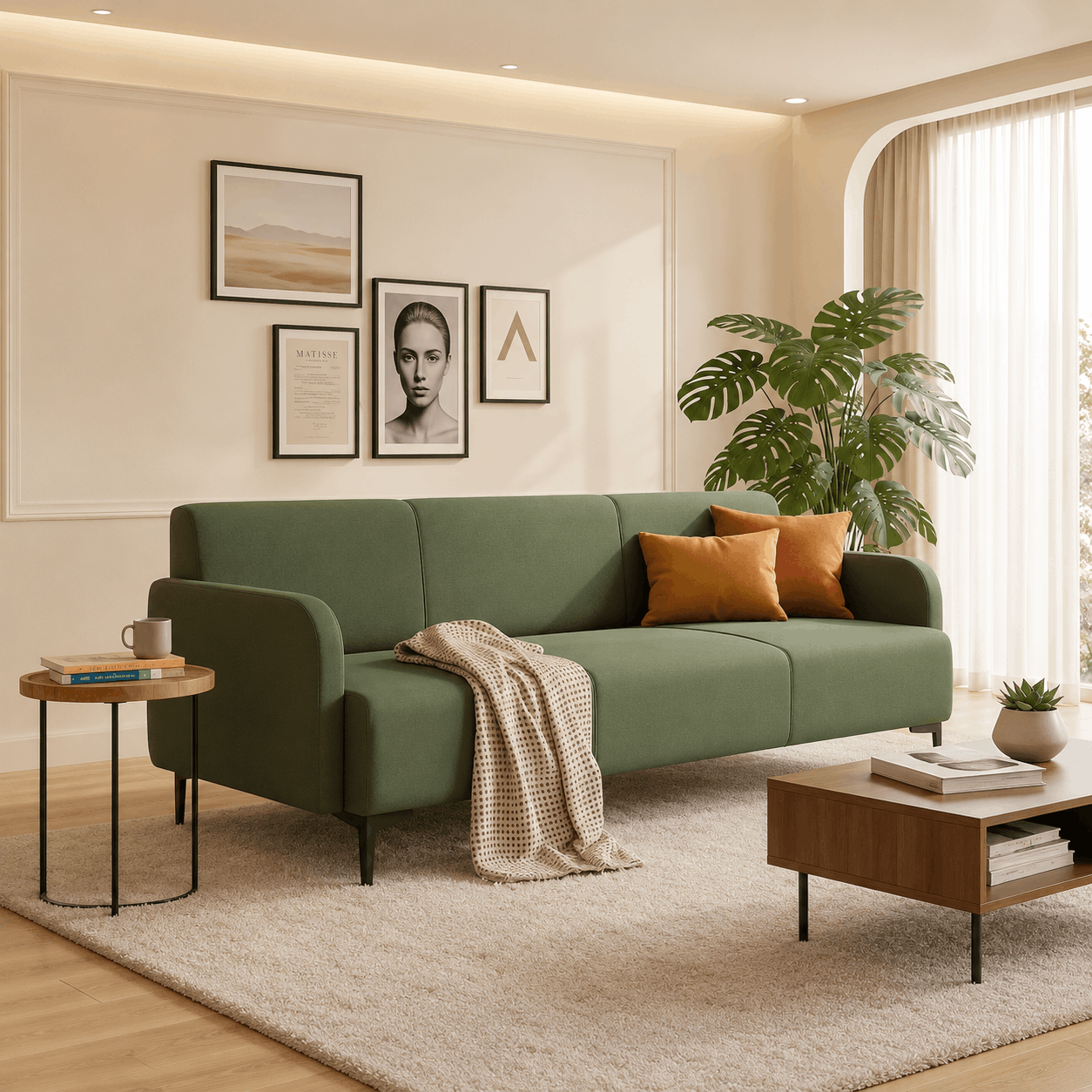 olive green 3 seater sofa  creamy color living room background 