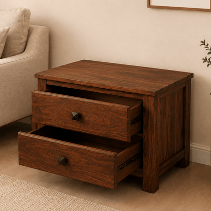 Wooden side table with two drawers in a living room setting