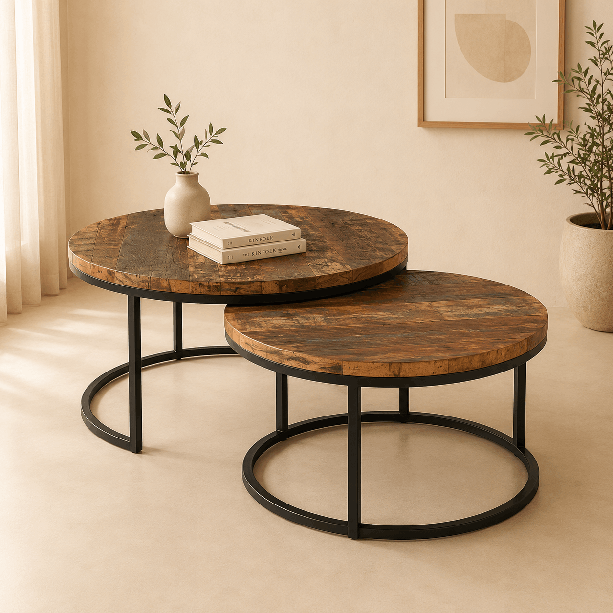 Two wooden coffee tables with metal legs in a living room setting.