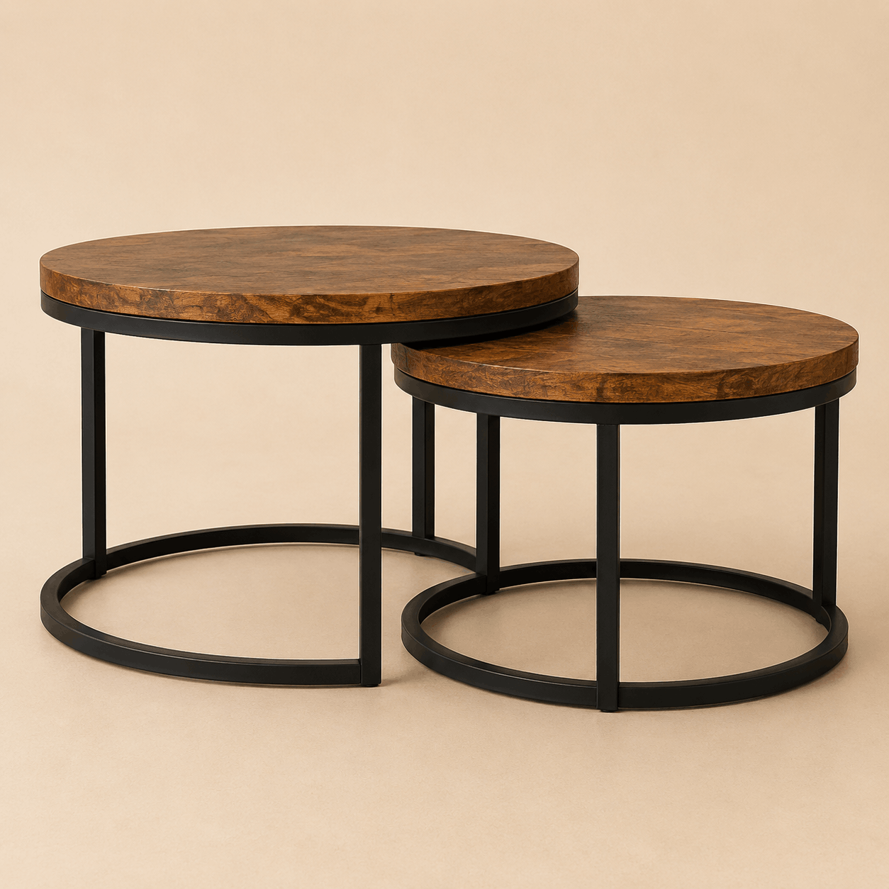 Two wooden coffee tables with black metal bases on a beige background
