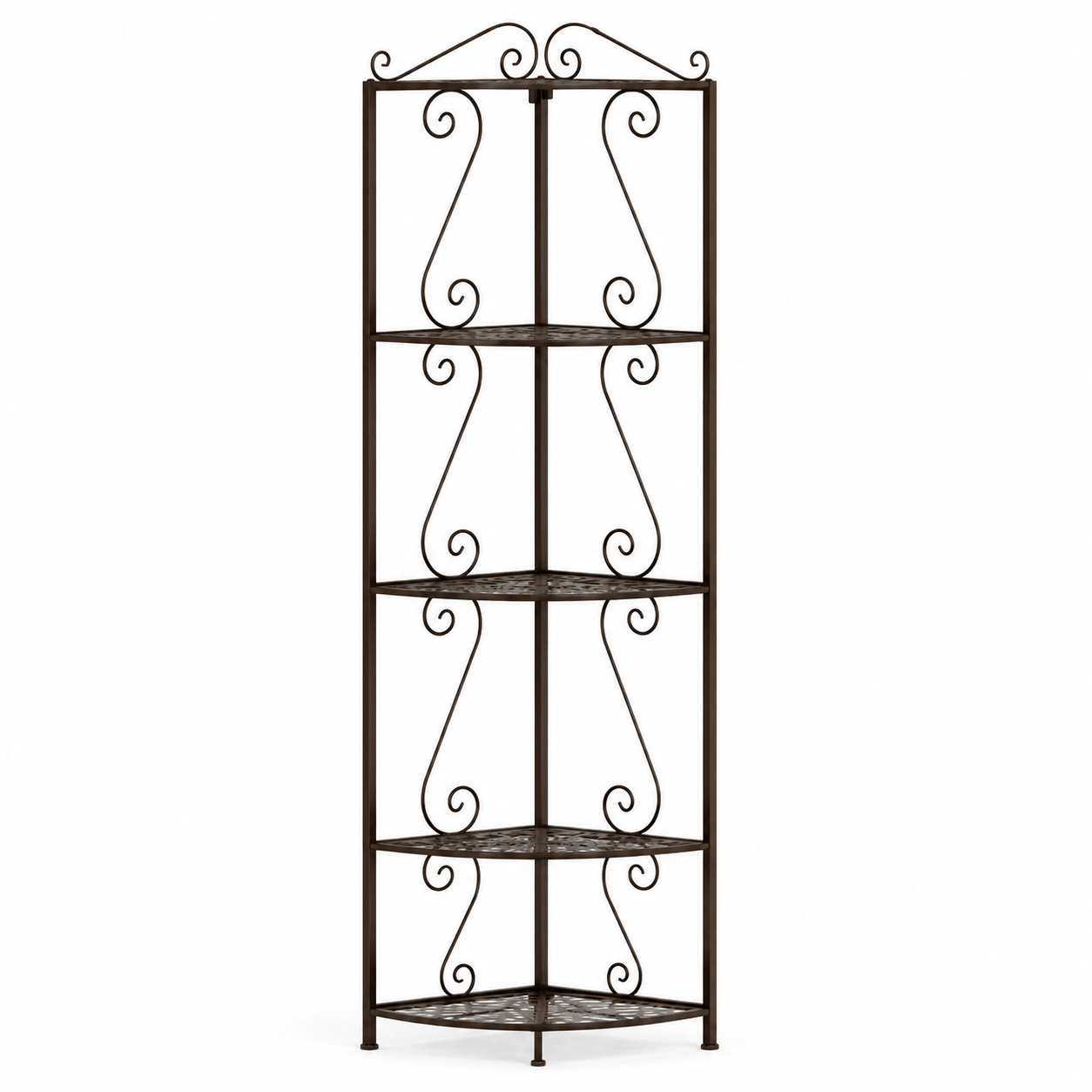 Wrought iron bookshelf with decorative scrollwork on a white background