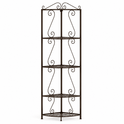 Wrought iron bookshelf with decorative scrollwork on a white background