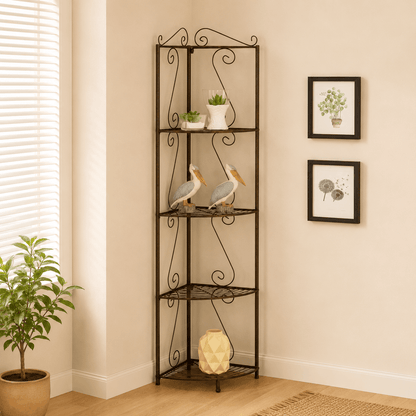 Decorative corner shelf with plants and decor items against a beige wall.