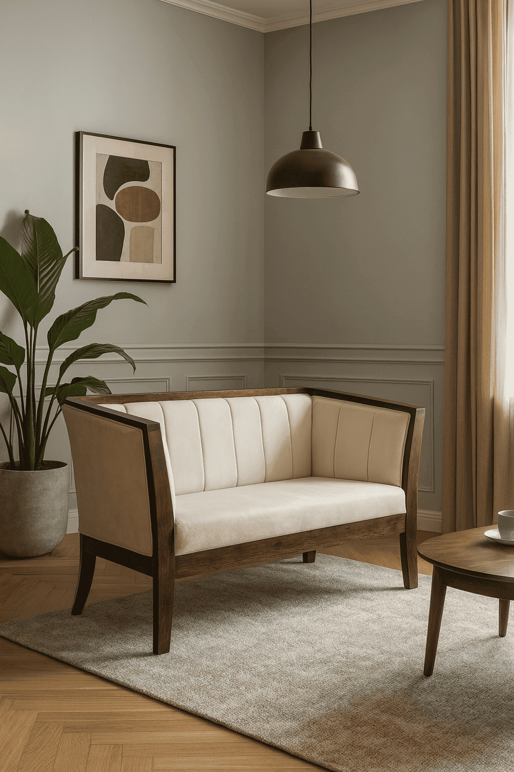 Premium Solid Wood Two-Seater Sofa – Cream Upholstery, Modern Minimal Design -