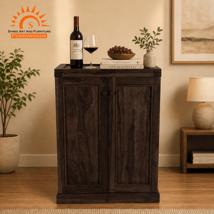 Wooden cabinet with wine bottle and glass in a home setting, featuring Shree Art and Furniture Ferrowoods logo.