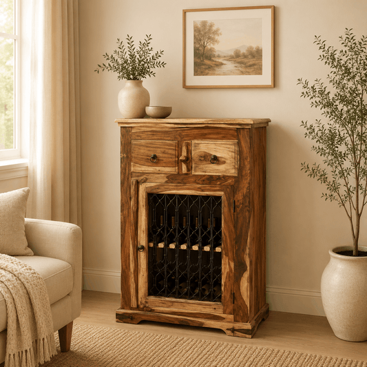 Wooden wine cabinet in a living room with decor elements.