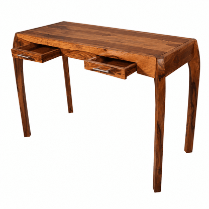 Wooden desk with two drawers on a white background