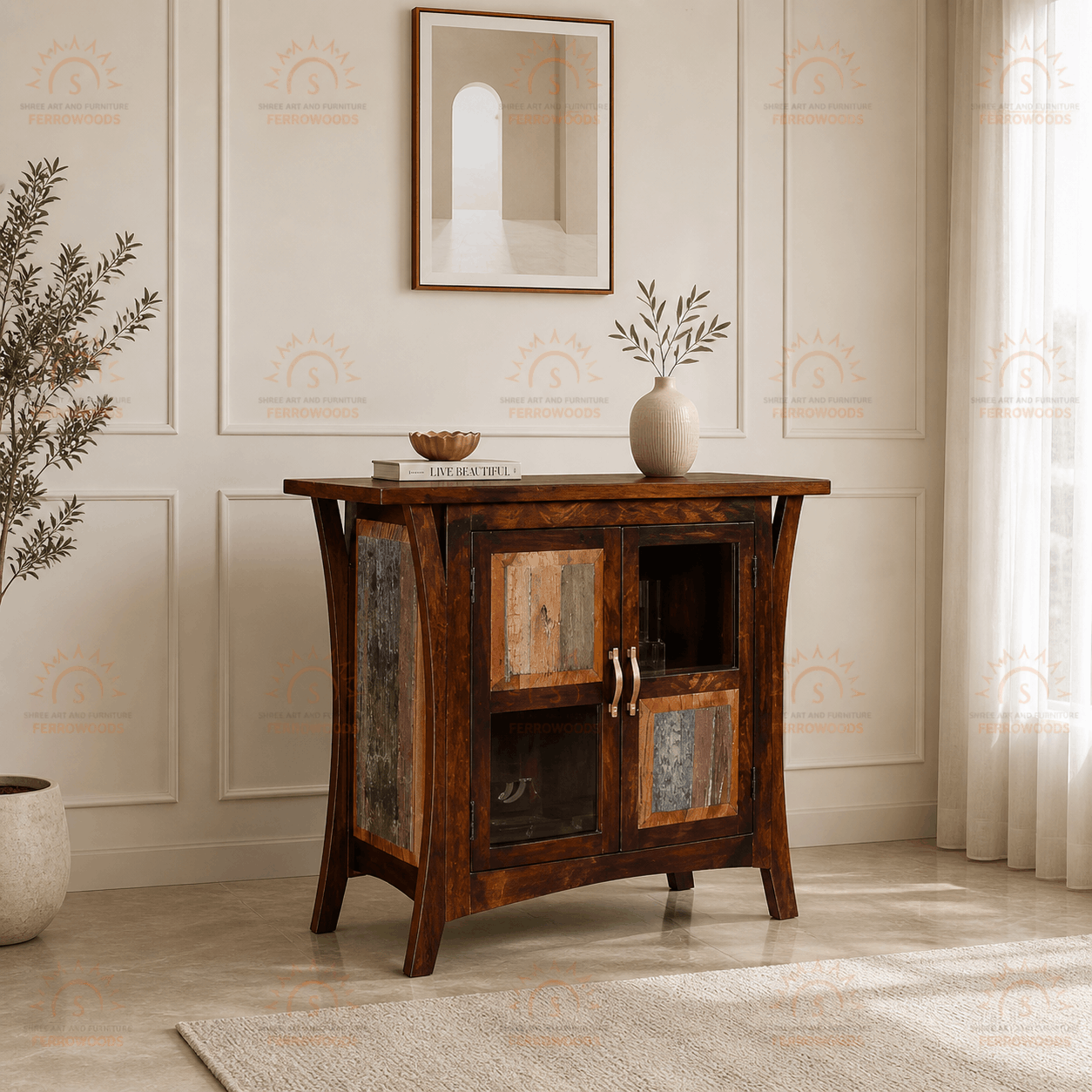 Wooden side table with decorative items in a room with panelled walls and a mirror.