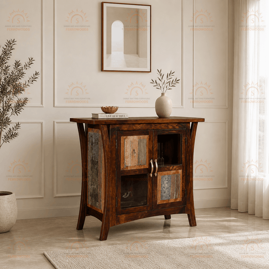 Wooden side table with decorative items in a room with panelled walls and a mirror.