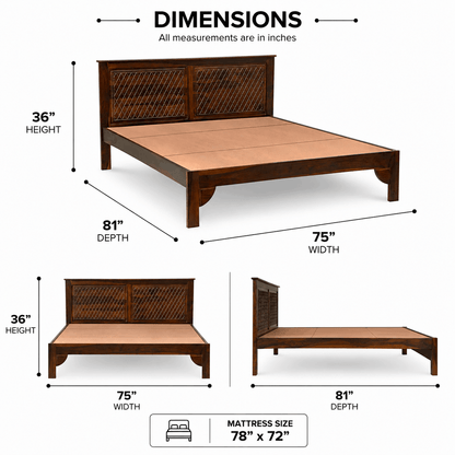 Wooden bed frame with dimensions labeled on a white background